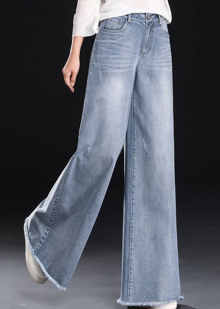 Light Blue Tasseled Denim Straight Pants Summer
