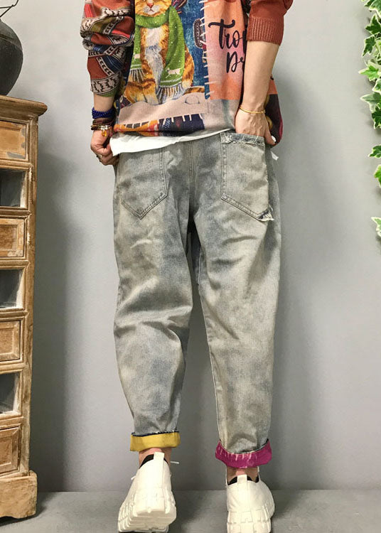 Light Blue Patch Applique Denim Pants Spring