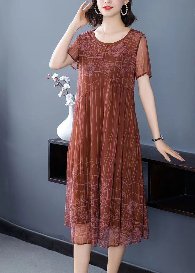 Light Brown O-neck Wrinkled Patchwork Chiffon Dress Half Sleeve