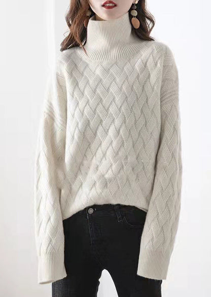 Light Camel Turtleneck Plaid Wool Knit Sweaters Spring