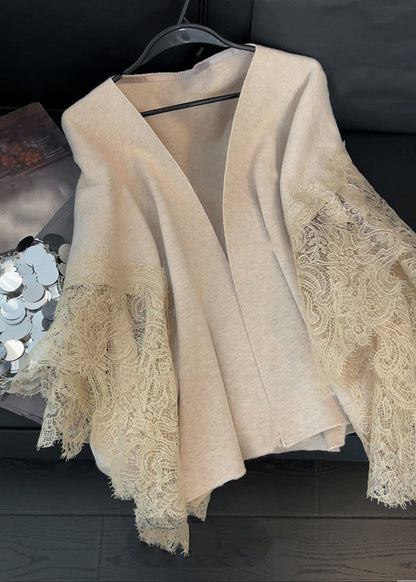 Light Camel V Neck Lace Patchwork Knit Cardigans Spring