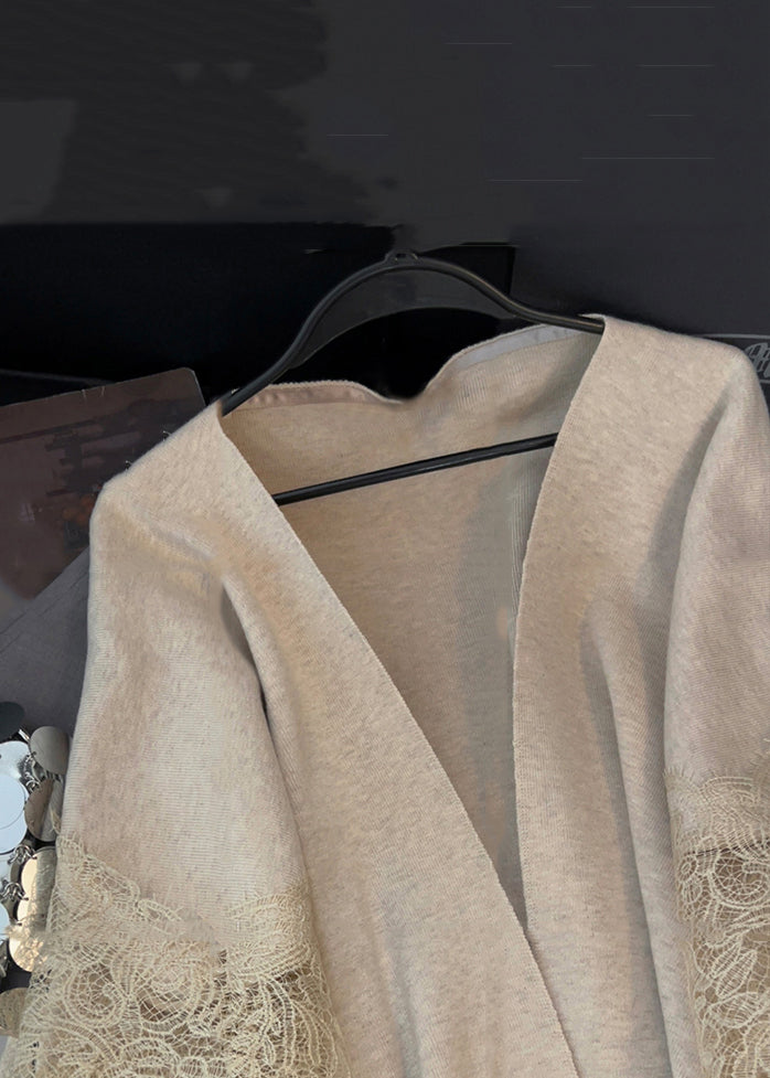 Light Camel V Neck Lace Patchwork Knit Cardigans Spring