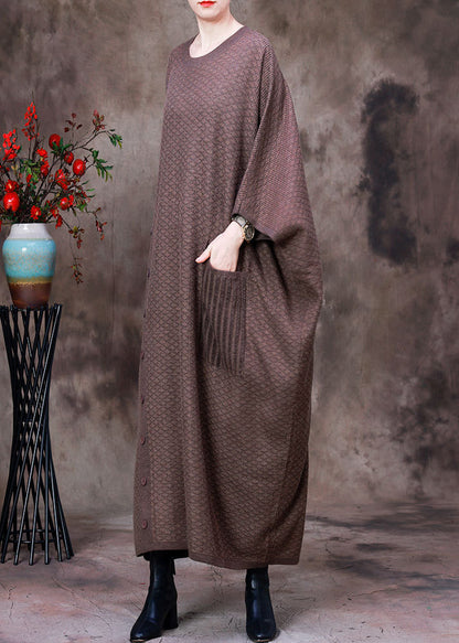 Light Chocolate O-neck Button Pockets Cashmere Maxi Dress Long Sleeve