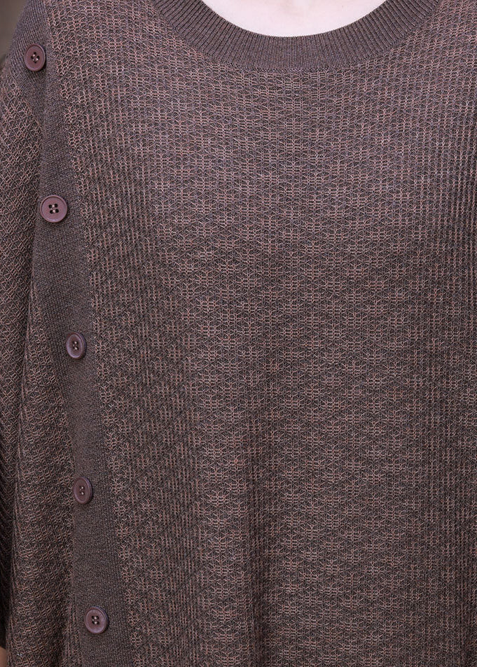 Light Chocolate O-neck Button Pockets Cashmere Maxi Dress Long Sleeve