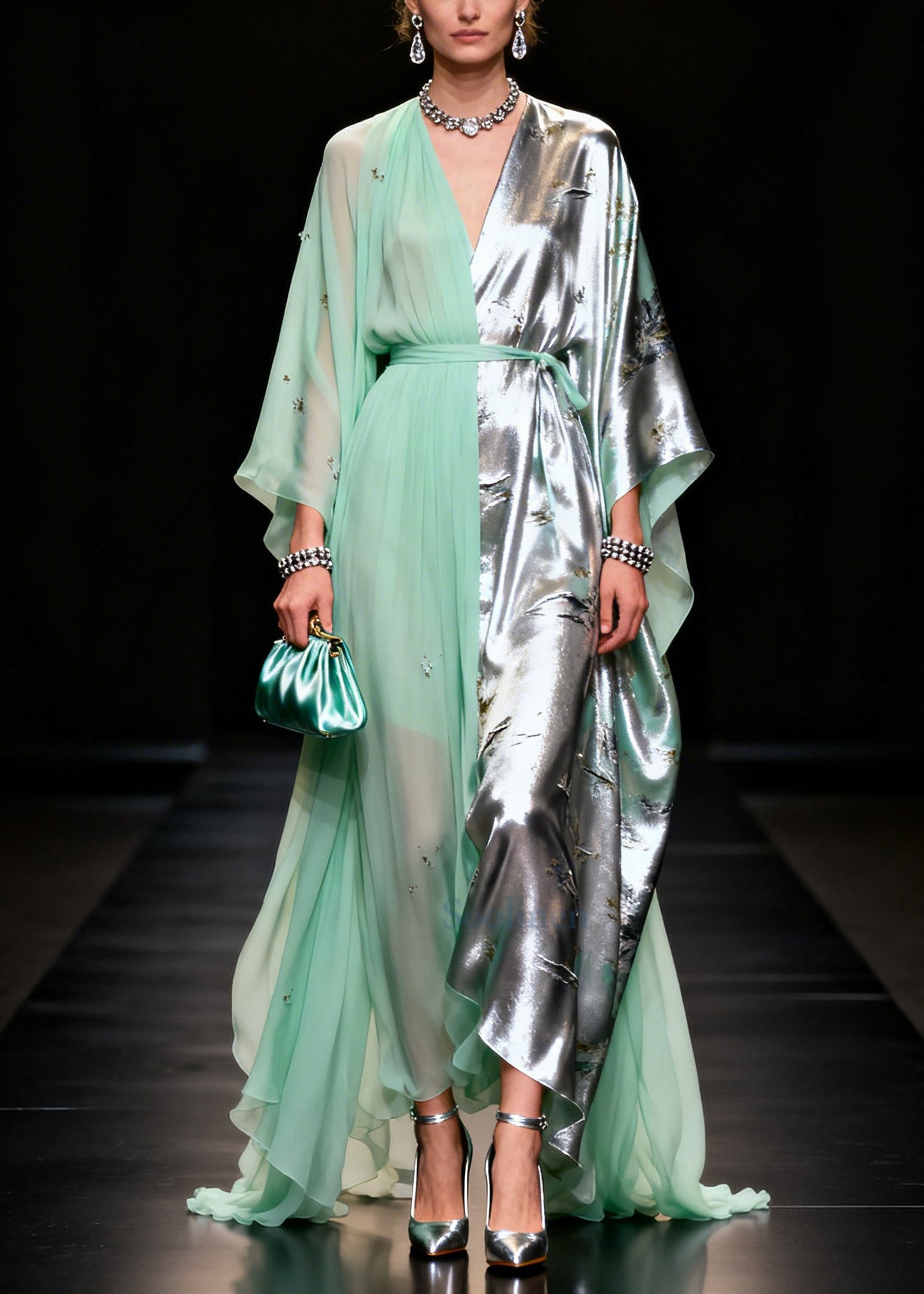 Light Green Asymmetrical Patchwork Jacquard Chiffon Party Dress Summer