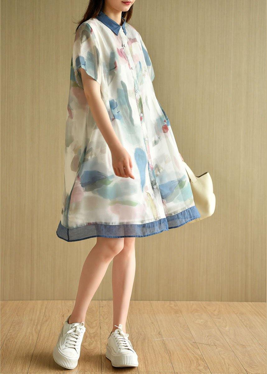 Light Green Button Print Summer Vacation Dress Short Sleeve