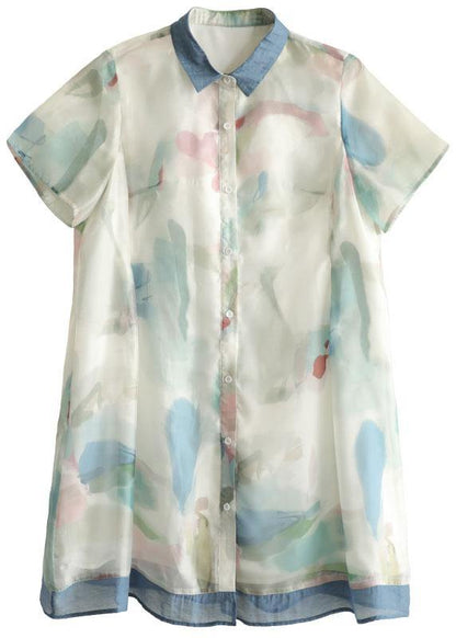 Light Green Button Print Summer Vacation Dress Short Sleeve