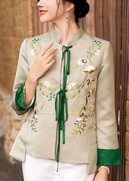 Light Green Embroideried Lace Up Silk Coat Spring