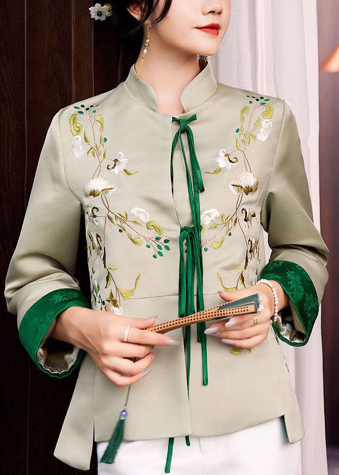 Light Green Embroideried Lace Up Silk Coat Spring