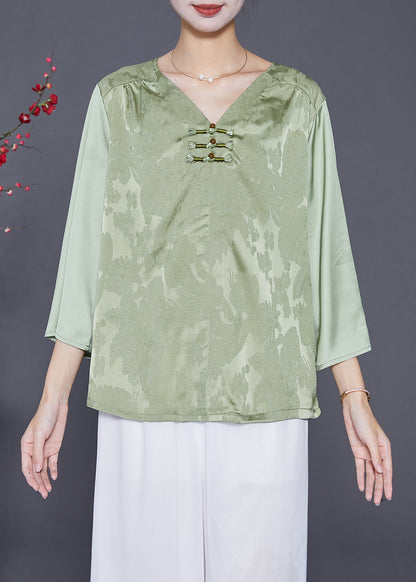 Light Green Jacquard Chinese Button Silk Blouses Bracelet Sleeve
