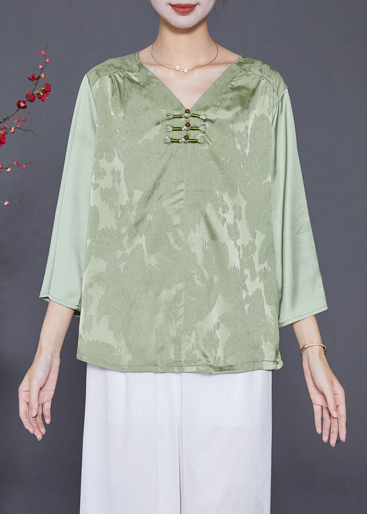 Light Green Jacquard Chinese Button Silk Blouses Bracelet Sleeve