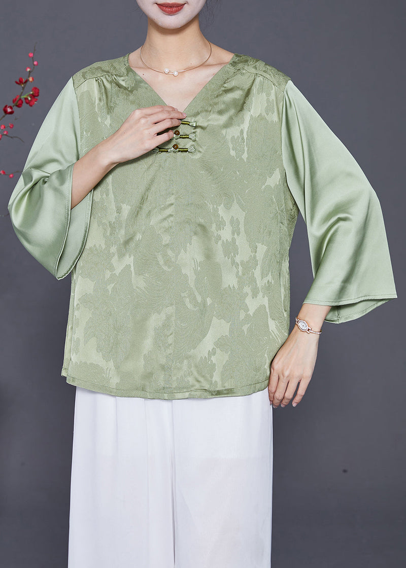 Light Green Jacquard Chinese Button Silk Blouses Bracelet Sleeve
