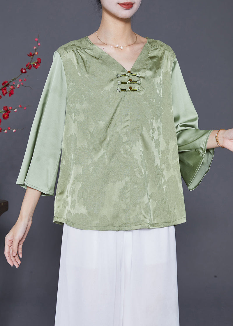 Light Green Jacquard Chinese Button Silk Blouses Bracelet Sleeve