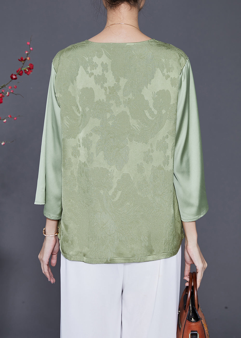 Light Green Jacquard Chinese Button Silk Blouses Bracelet Sleeve