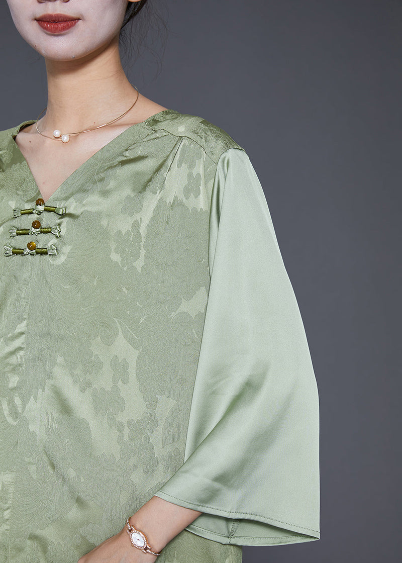 Light Green Jacquard Chinese Button Silk Blouses Bracelet Sleeve