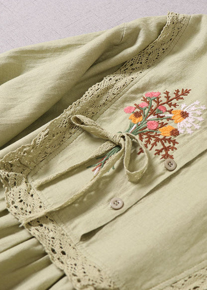 Light Green O-neck Embroideried Patchwork Dress Spring