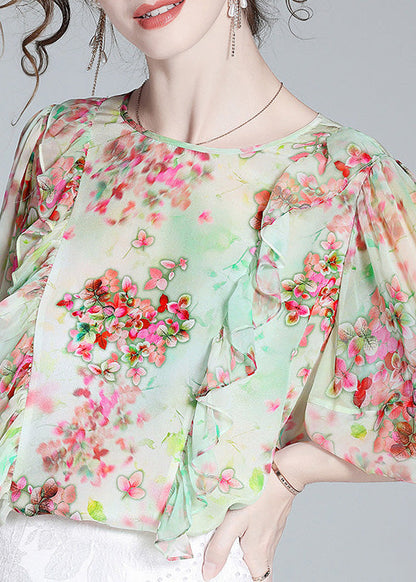 Light Green O-neck Ruffled Print Silk Shirts Half Sleeve