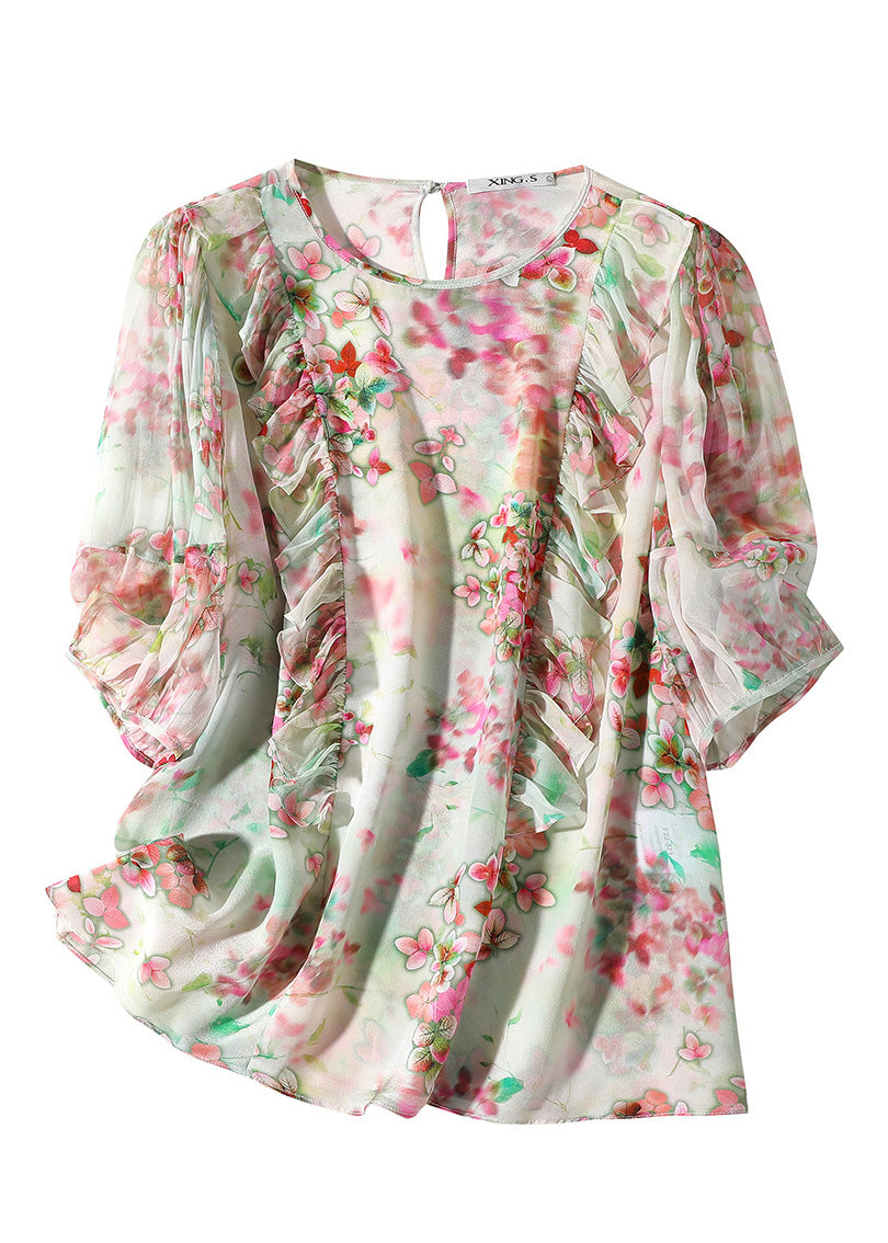 Light Green O-neck Ruffled Print Silk Shirts Half Sleeve