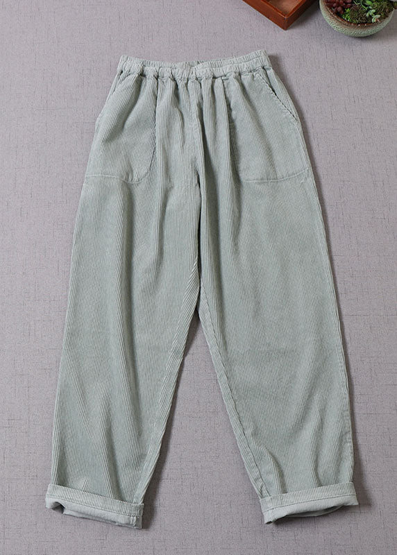 Light Green Pockets Corduroy Pants Winter
