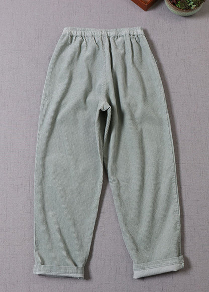 Light Green Pockets Corduroy Pants Winter
