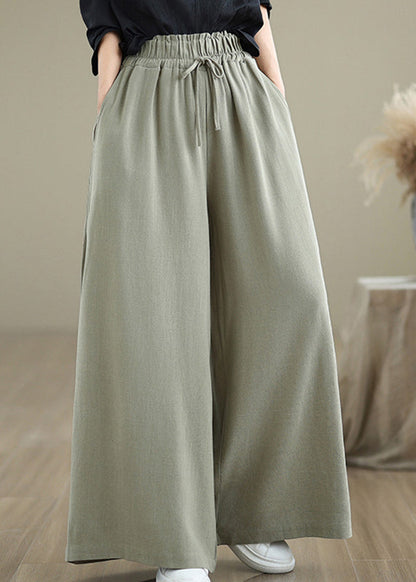 Light Green Pockets Elastic Waist Cotton Pants Fall