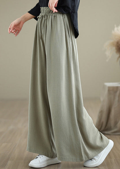 Light Green Pockets Elastic Waist Cotton Pants Fall