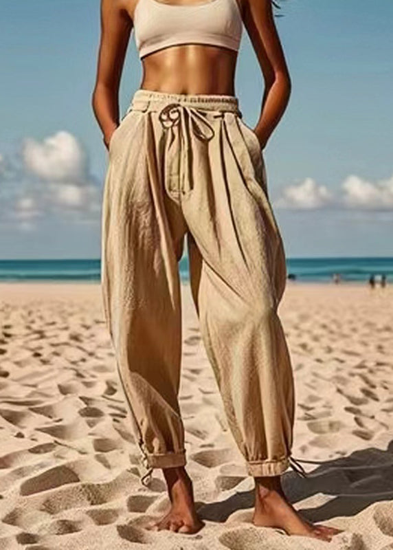 Light Green Pockets Patchwork Elastic Waist Harem Pants Summer