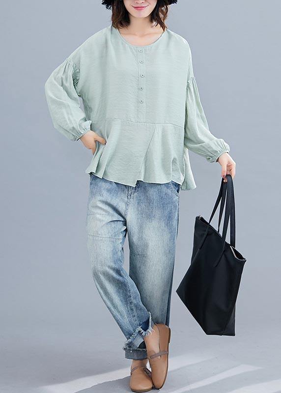 Women Light Green asymmetrical design Long sleeve Cotton Linen Summer Blouses