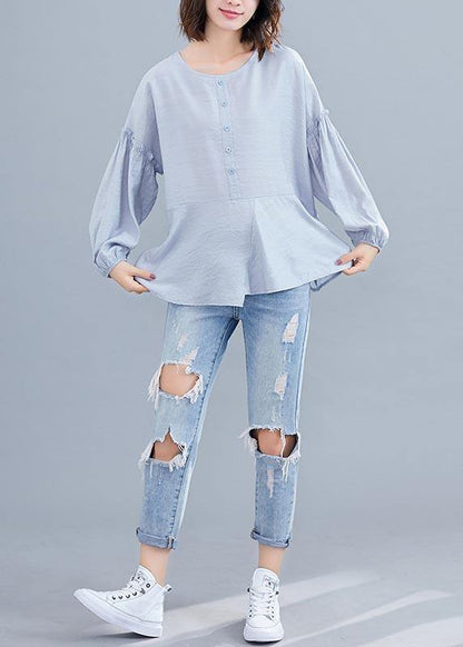 Women Light Green asymmetrical design Long sleeve Cotton Linen Summer Blouses