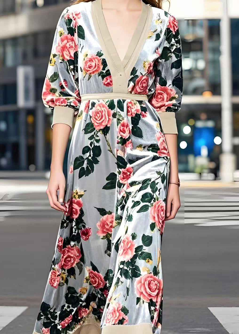 Light Grey Cinched Silk Velvet Maxi Dress Spring