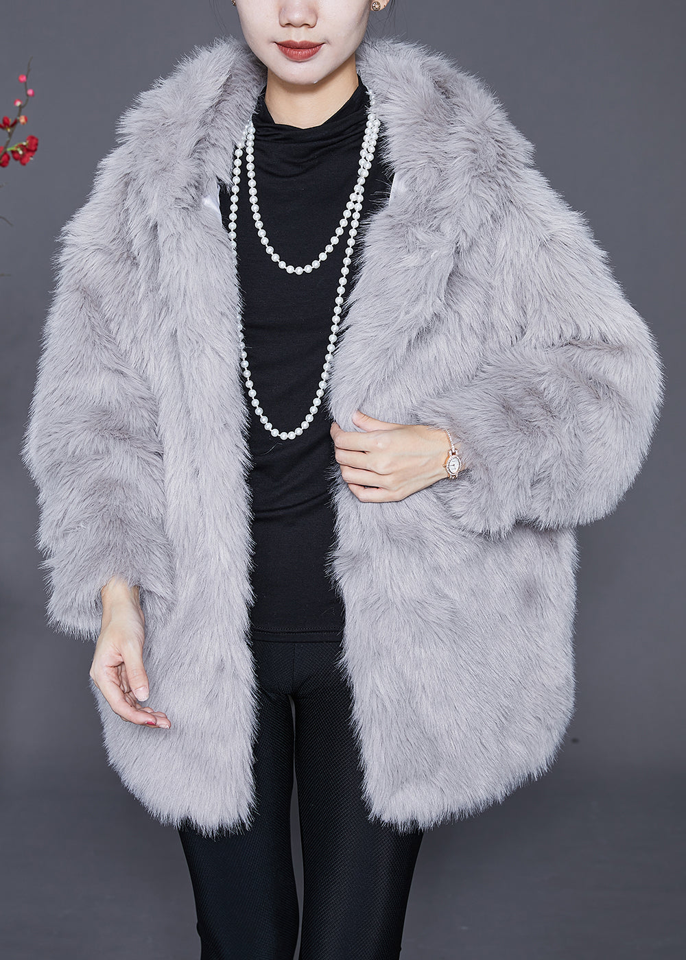 Light Grey Hooded Warm Faux Fur Jackets Winter