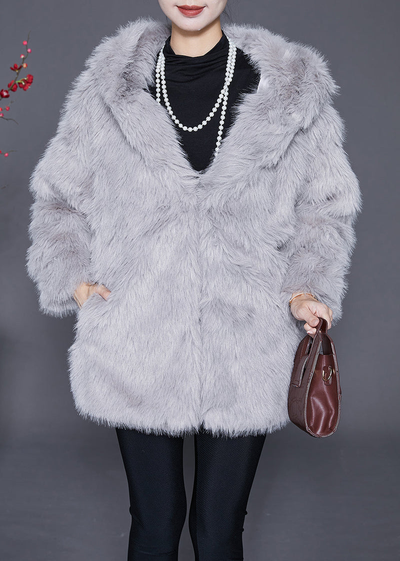 Light Grey Hooded Warm Faux Fur Jackets Winter