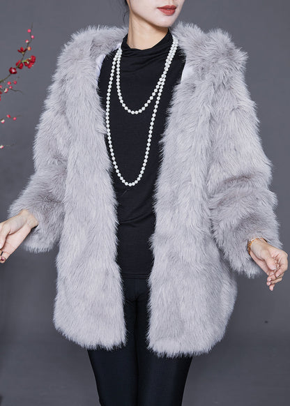 Light Grey Hooded Warm Faux Fur Jackets Winter