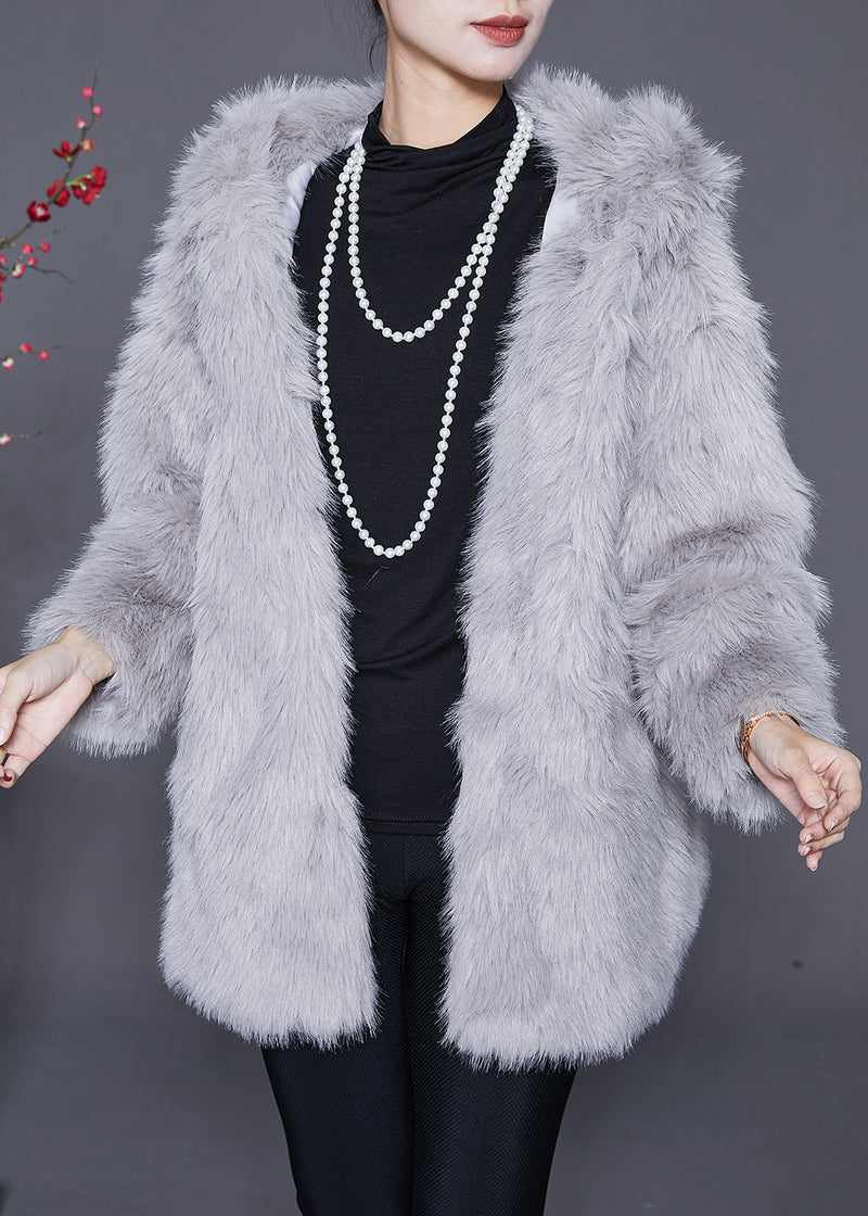 Light Grey Hooded Warm Faux Fur Jackets Winter