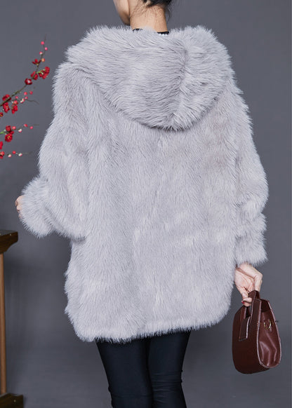 Light Grey Hooded Warm Faux Fur Jackets Winter