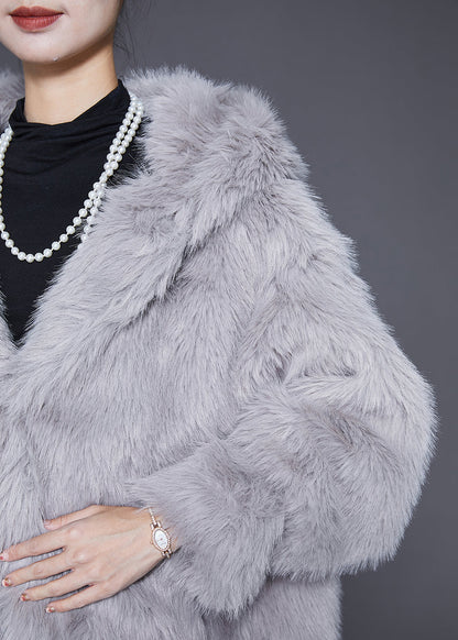 Light Grey Hooded Warm Faux Fur Jackets Winter