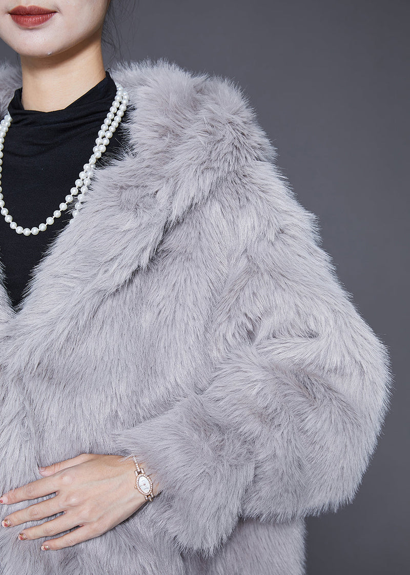 Light Grey Hooded Warm Faux Fur Jackets Winter