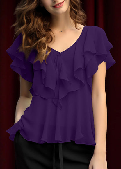 Light Grey Ruffled Lace Up Chiffon Top Summer
