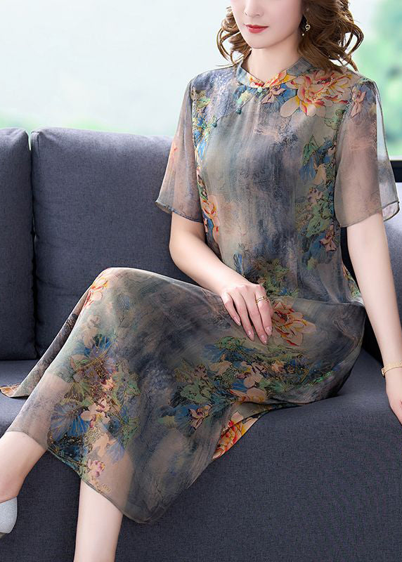Light Grey Stand Collar Tie Dye Print Slim Fit Silk Dress Summer