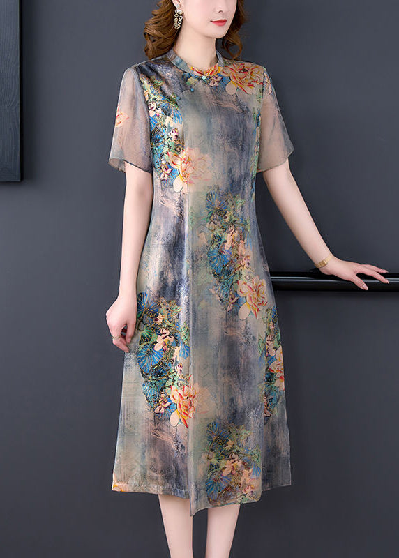 Light Grey Stand Collar Tie Dye Print Slim Fit Silk Dress Summer