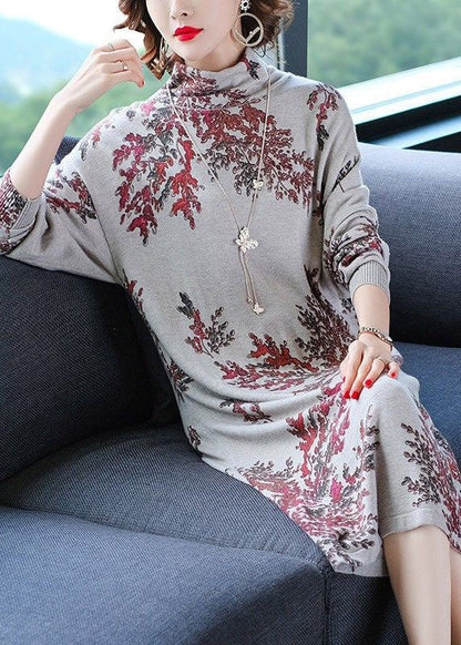 Light Grey Turtle Neck Oversized Print Knit Sweater Dress Winter