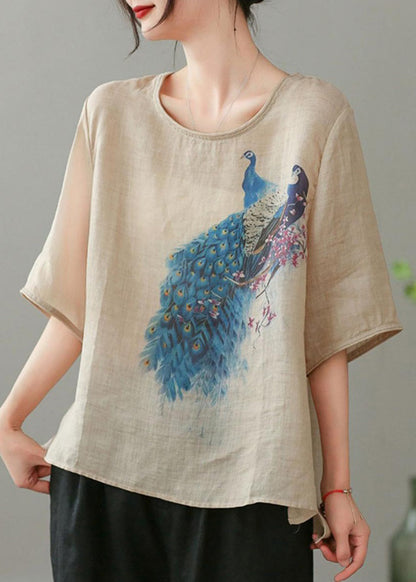 Light Khaki O Neck Print Cotton T Shirts Summer