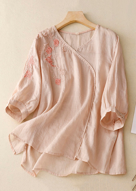 Light Pink Embroideried Side Open Linen Tops Spring