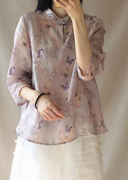 Women Light Purple Butterfly Printing Top Silhouette Stand Collar Midi Top