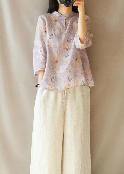 Women Light Purple Butterfly Printing Top Silhouette Stand Collar Midi Top