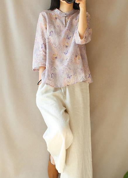 Women Light Purple Butterfly Printing Top Silhouette Stand Collar Midi Top