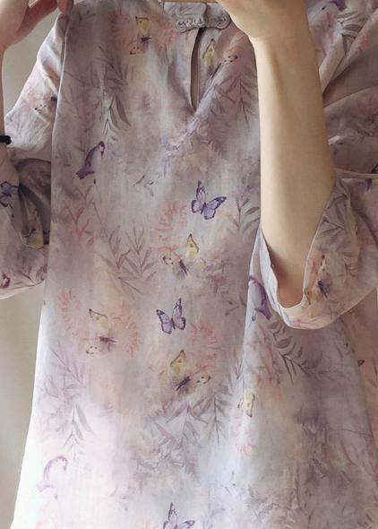 Women Light Purple Butterfly Printing Top Silhouette Stand Collar Midi Top