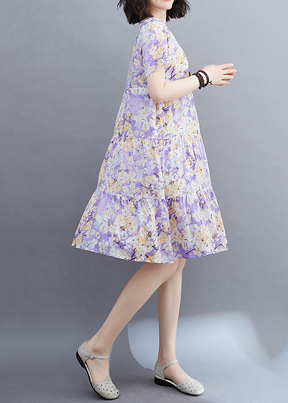 Light Purple Patchwork Print Mid Dresses Short Sleeveomen Light Purple Patchwork Print Mid Dresses Short Sleeve