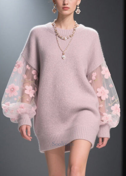 Light Purple Patchwork Tulle Thick Long Sweater Fall