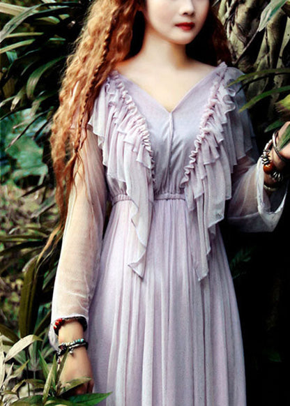 Light Purple V Neck Ruffles Tulle Long Dress Spring